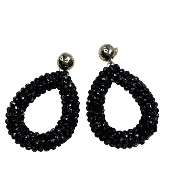Chunky Beaded Dangle Hoops Earrings Black Gold Tone - Picture 1 of 5